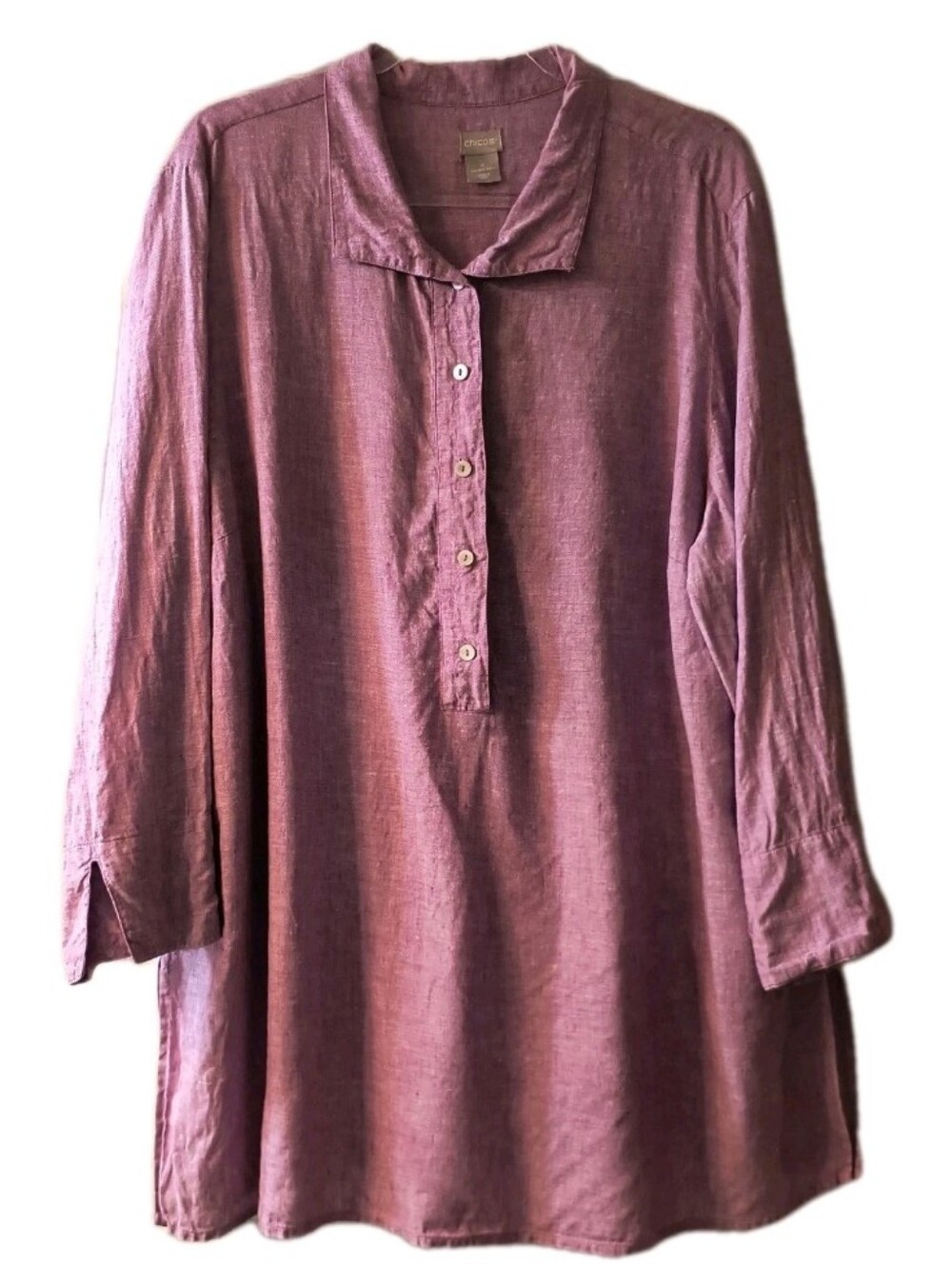Chico's 100% Linen Tunic Shirt Size 4 US 20/22 Purple Pink Henley Button Top